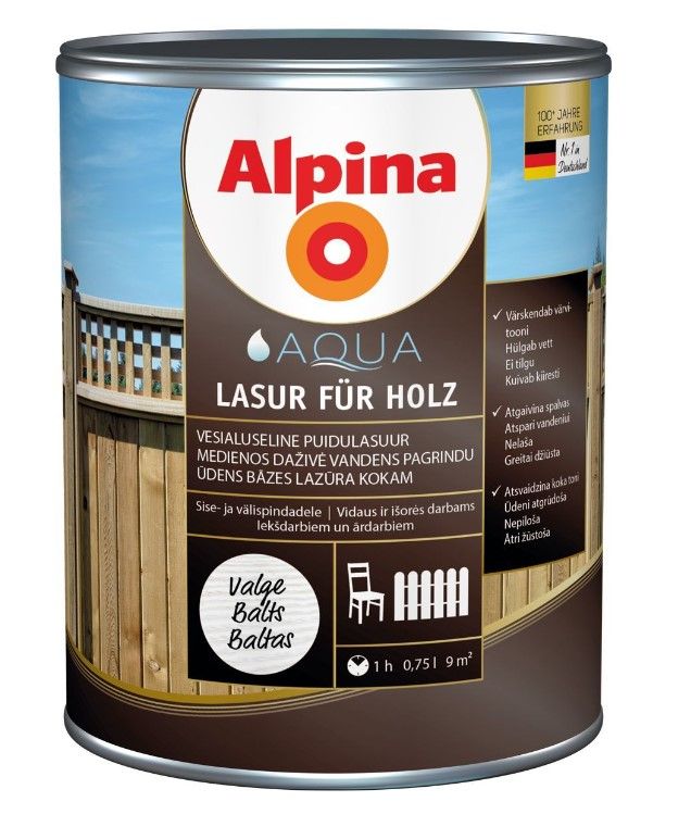 Alpina Aqua Lasur Für Holz Ūdens Bāzes Lazūra Kokam Balta | Bazaars.lv